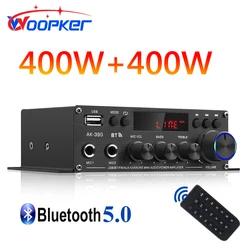 Woopker AK390 BT 5.0 HiFi Power Amplifier 400Wx2 Stereo Digital AMP BASS Media Player Supports FM Radio AUX Microphone Input