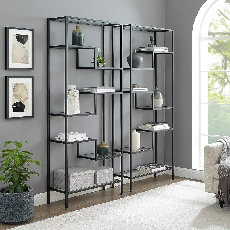 2-Piece Bookshelf Set with Glass Shelves, Bookcase Storage, Pairs well with modern and transitional décor burliness Matte Black