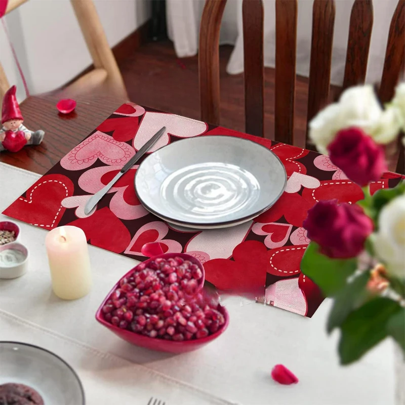 4 قطعة المفارش عيد الحب رومانسية القلب المفارش الحب طاولة طعام خمر الحب قلوب مكان الحصير المنزل المطبخ 2025 جديد