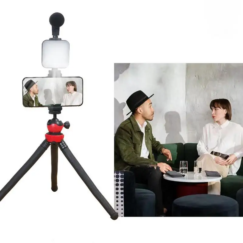 Kit de creación de contenido, trípode extensible para teléfono, palo Selfie, soporte para teléfono Vlog con luz LED, montaje para teléfono y accesorios de micrófono