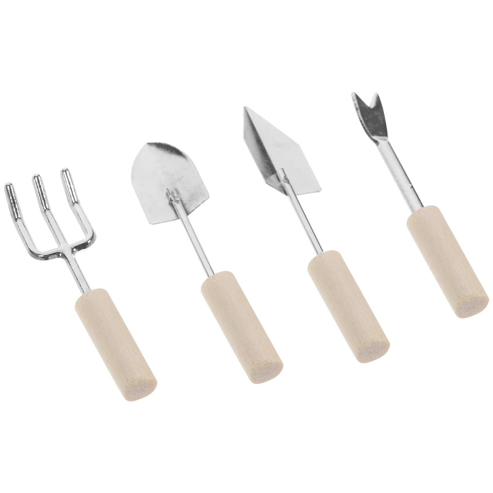 طقم أدوات حديقة صغيرة مكون من 4 قطع من سبائك الزنك والخشب لوازم منزلية مصغرة مدمجة وخفيفة الوزن وآمنة لتزيين مشاهد حديقة بيت الدمى