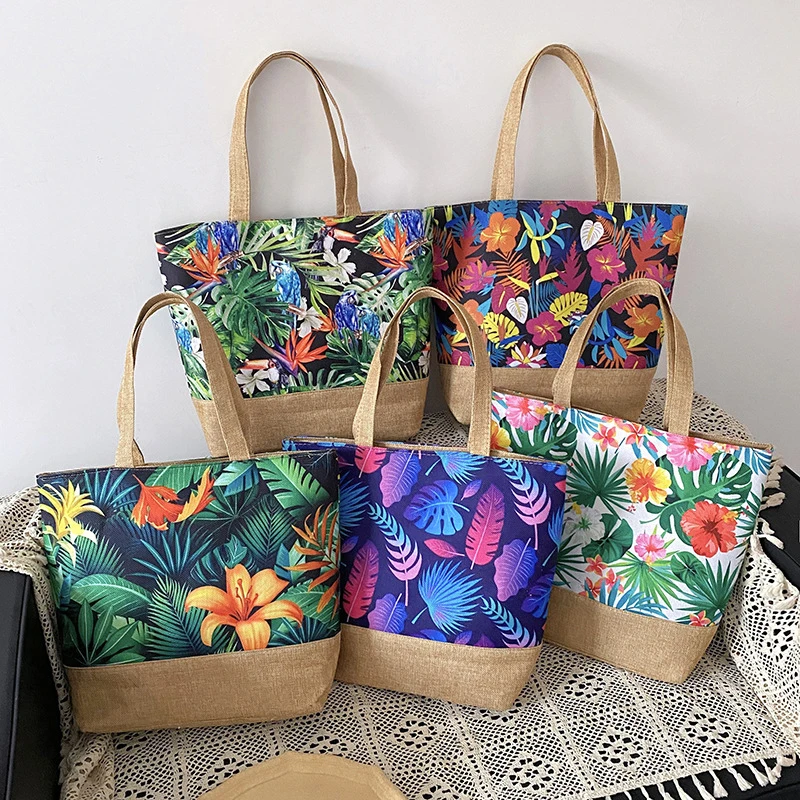 1PCS Fashion Canvas Bag Summer Beach Ladies Floral Printed Shoulder Bag Simple Large Capacity Women Tote Shopping Bag