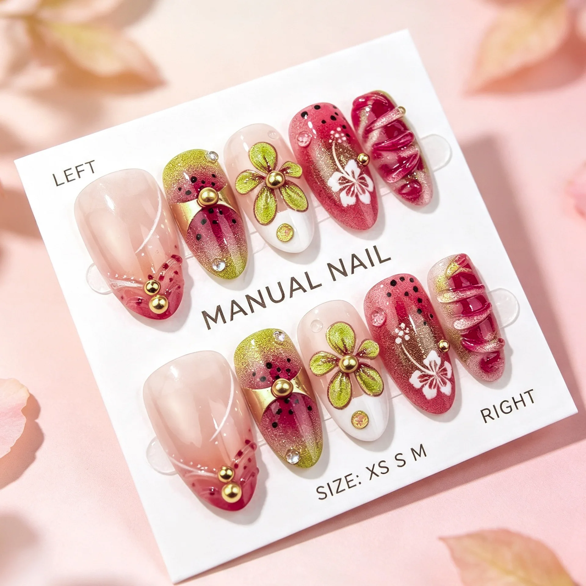 24Pcs Gradient Flower Almond False Nail Autumn Winter Beauty Manicure Tips Finished Press on Polka Dot French Gilded Fake Nails