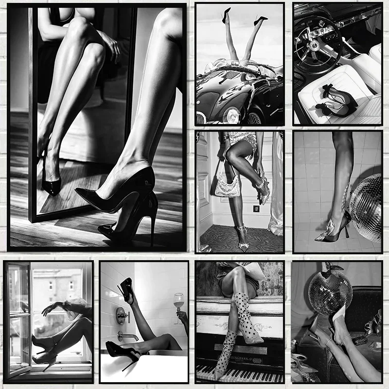 2026 Black and White Heels Fashion Luxury Posters Disco Ball Minimalistic Prints Canvas Painting Wall Pictures Home Girl's Room 