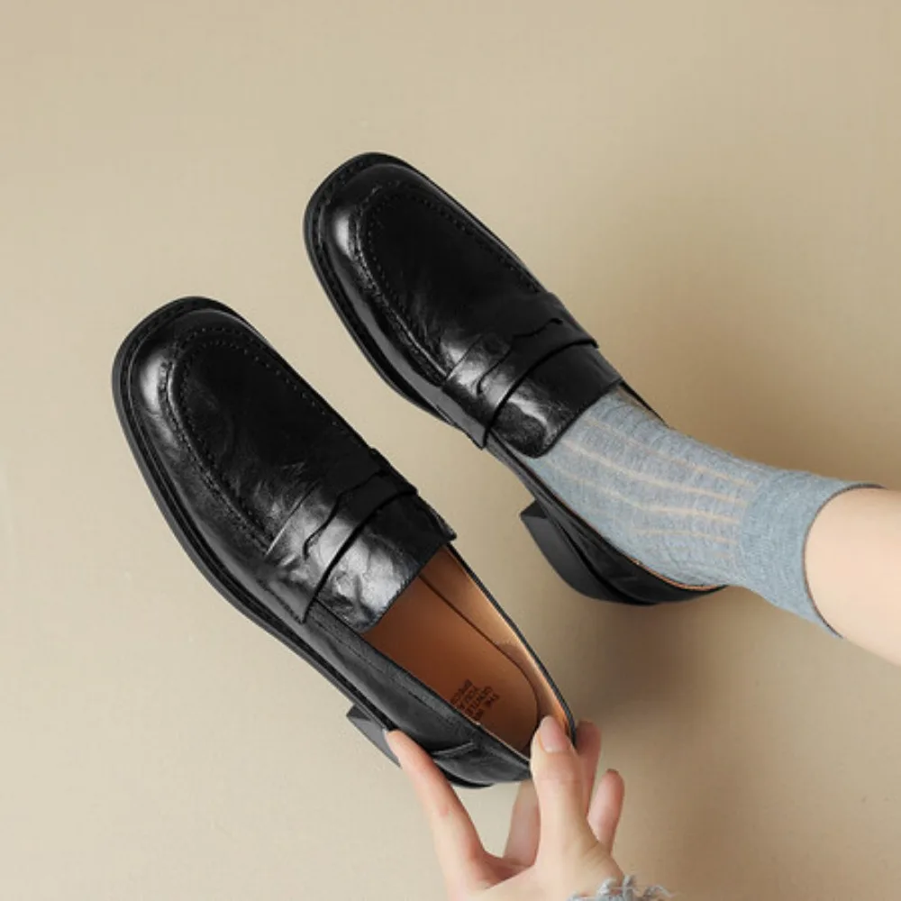 Women Shoes Loafer Black and Brown Summer Round Toe Square Heel Daily Commute Comfortable Office Lady Wear Good Looking Wrinkle