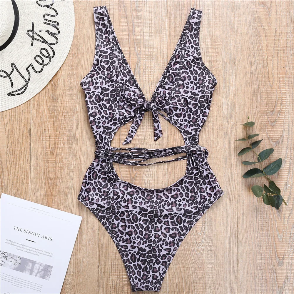 Leopard Bikini Extreme String Monokini Cut Out Bowknot Bandage Swimsuit 1-Piece Bathing Suits Brazilian Women Beachwear Biquinis