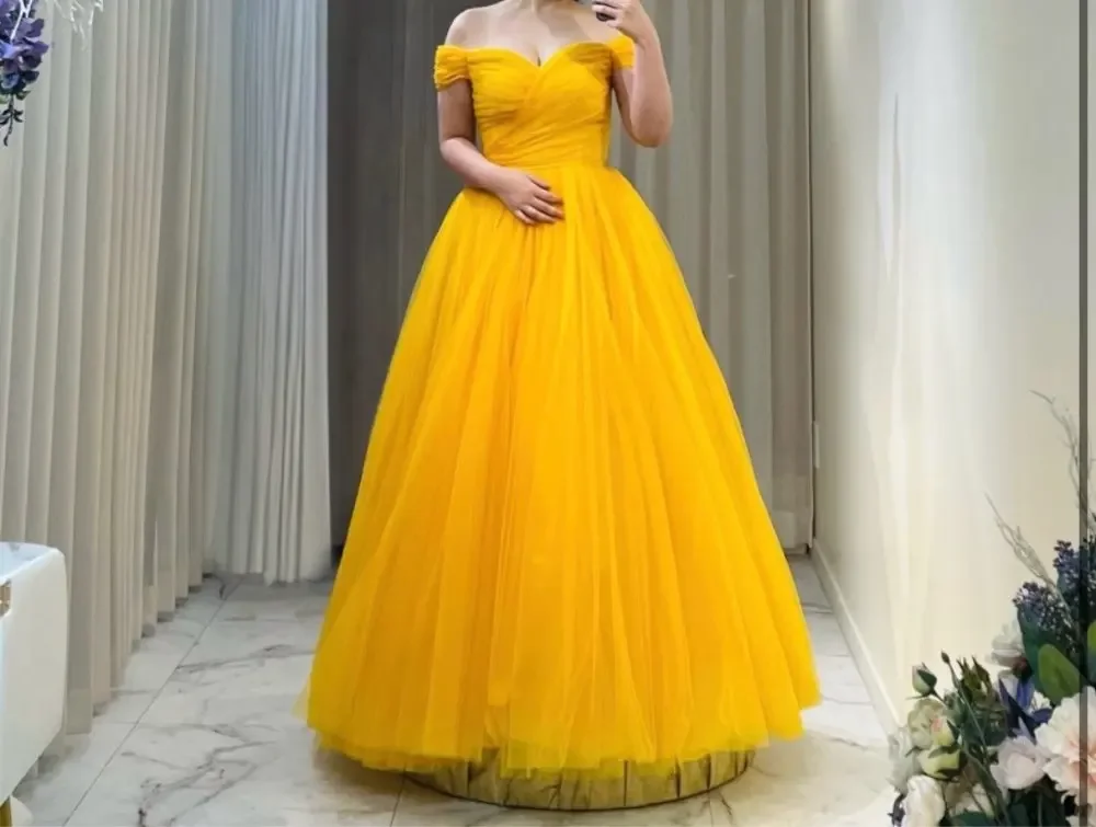 

OLOEY Fairy Yellow Tulle Evening Dresses Korea Womem Wedding Party Off Shoulder Princess Prom Gowns Formal Party Customized