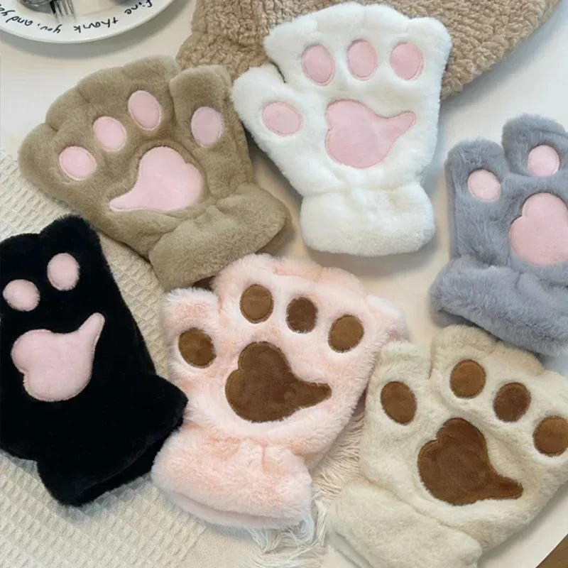 Cute Fluffy Cat Paw Claw Fingerless Gloves Plush Fingerless Panda Mittens Warm Soft Half Finger Women Winter Wear Christmas Gift