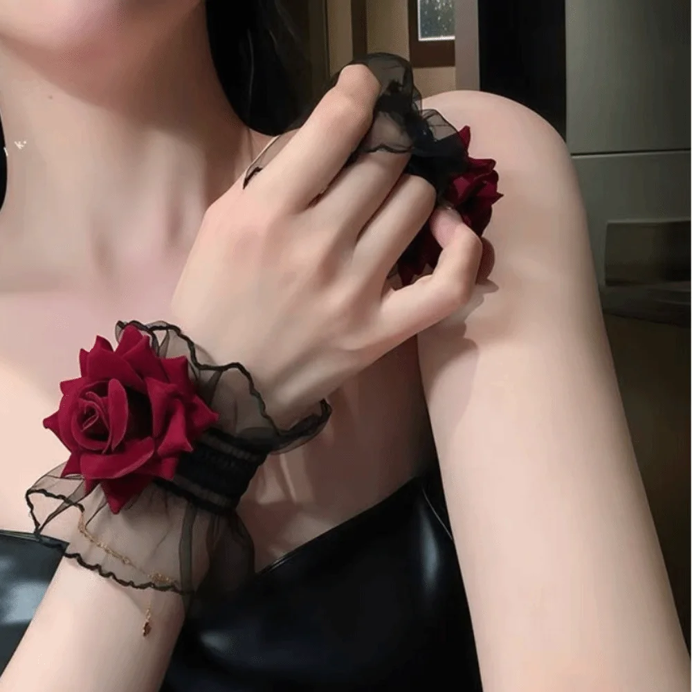 New Red Rose Lace Wristbands Lolita Elastic Band Flower Wrist Cuffs Ruffled Black Gothic Cosplay Bracelets For Women