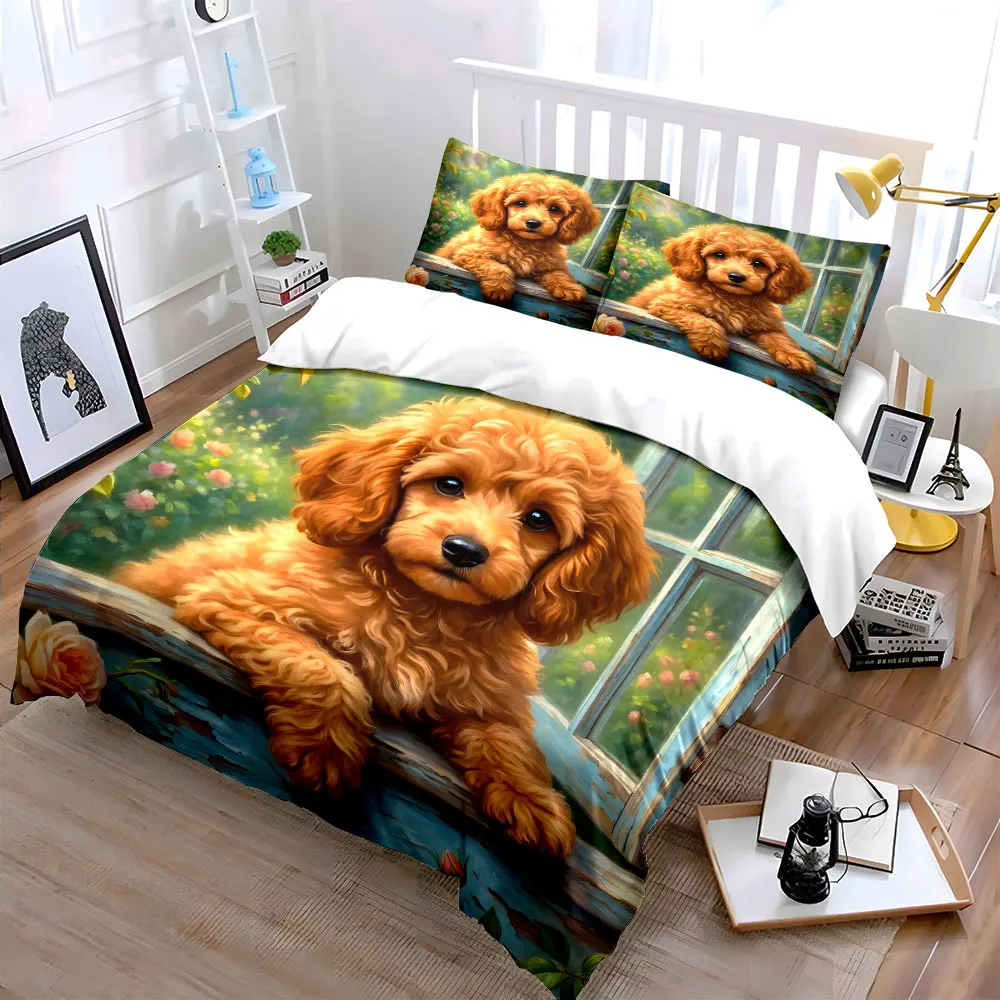 Fluffy curly-haired dog by window Printed Duvet Cover Set1 Duvet Cover+2 PillowcaseMulti Size Bedroom Bedding Decor