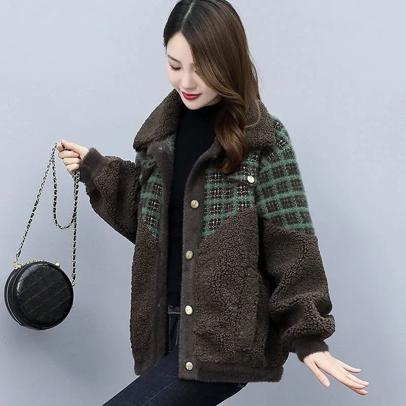 

Short Patchwork Lamb Wool Jacket Women's 2023 Winter New Korean Loose Warm Thicken Plaid Woolen Coat Female Casual Outwear Tops