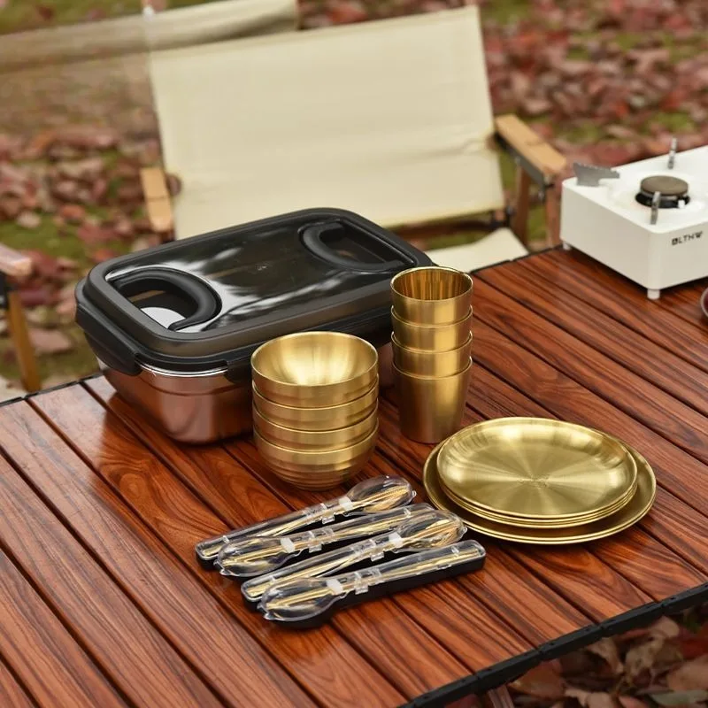 Outdoor stainless steel tableware, titanium-plated healthy portable set, gold high-end picnic bowls, cups, chopsticks and spoons