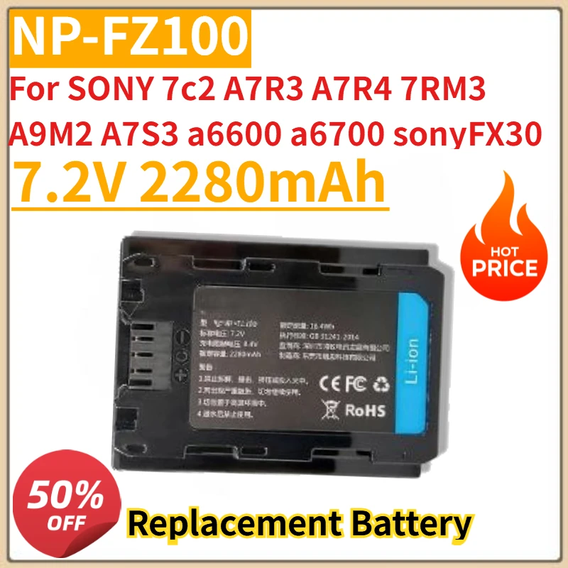 

New 7.2V 2280mAh Camera Battery NP-FZ100 For SONY 7c2 A7R3 A7R4 7RM3 A9M2 A7S3 a6600 a6700 sonyFX30 Replacement Battery