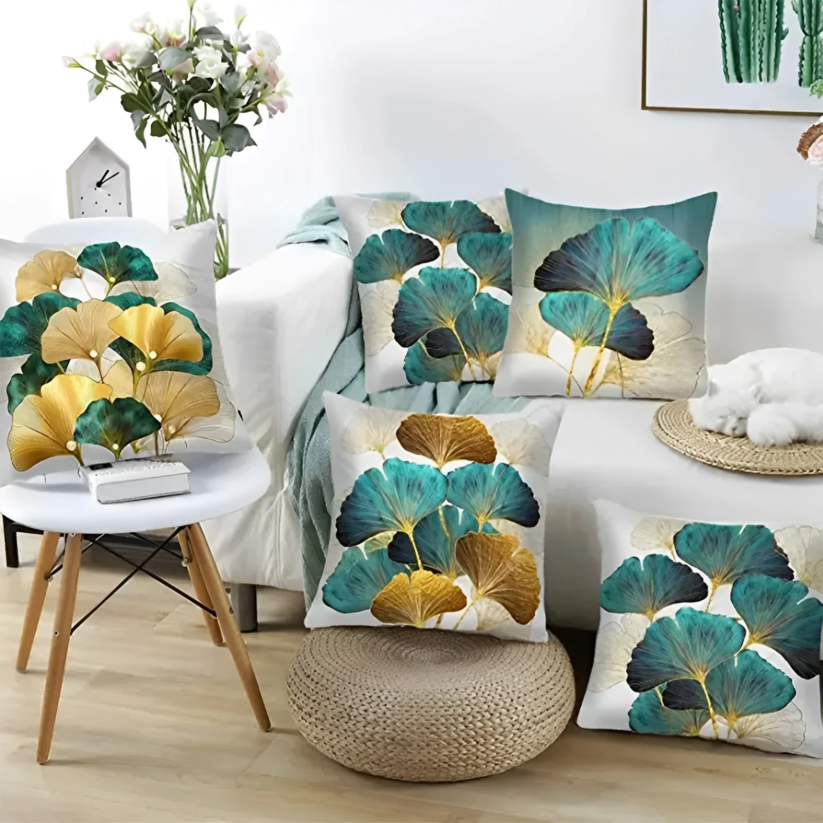 1pc ginkgo leaf Teal Gold Pillow Cushion Cover Square Soft Polyester Plant Leaves Ginkgo Biloba Throw Pillowcase