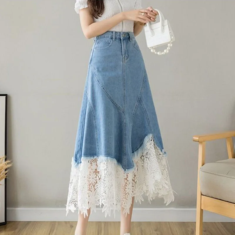 Harajuku Lace Patchwork Denim Skirt Woman Korean High Waist Blue Midi Skirts Women Summer Fashion Plus Sized 3Xl A-Line Skirt