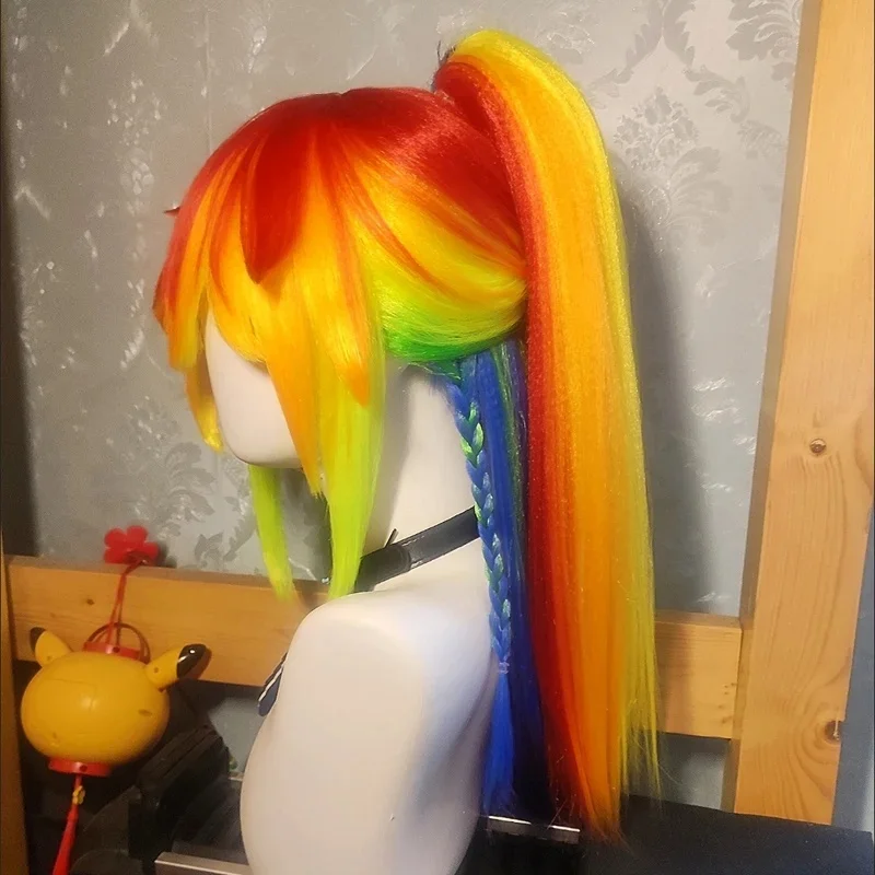 Disfraz Premium de Rainbow Dash Friends, Cola de Caballo Larga y Recta de Fibra Sintética Colorida, Linda para Niñas, Pony de Dibujos Animados Anime C