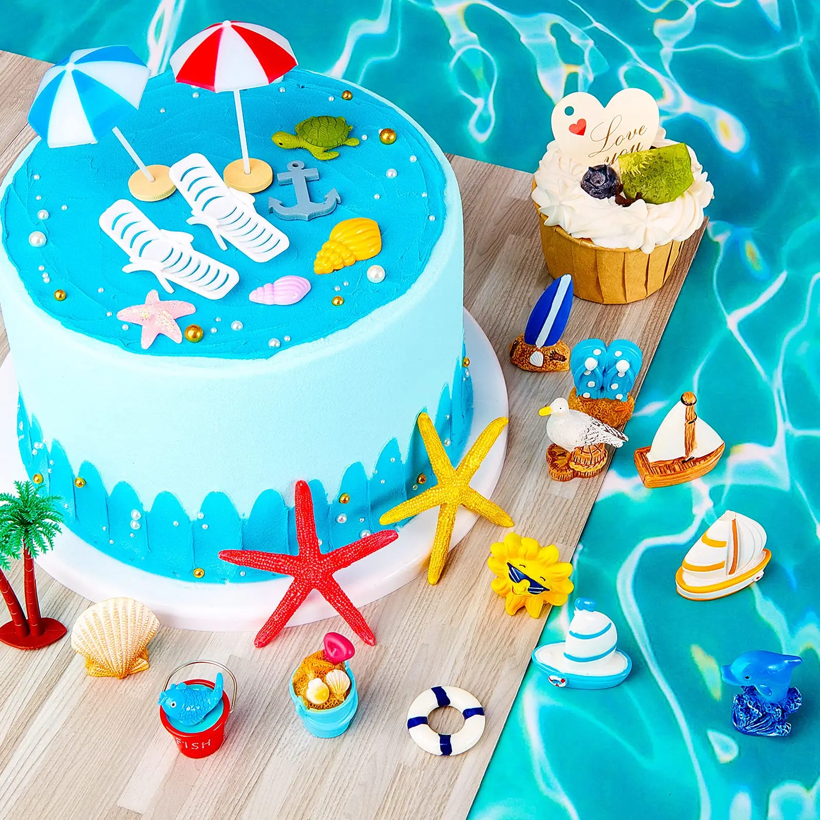 Decoración hawaiana para pastel de playa, silla de playa de verano y adorno para pastel con paraguas, adorno de palmera verde para fiesta de cumpleaños en la playa