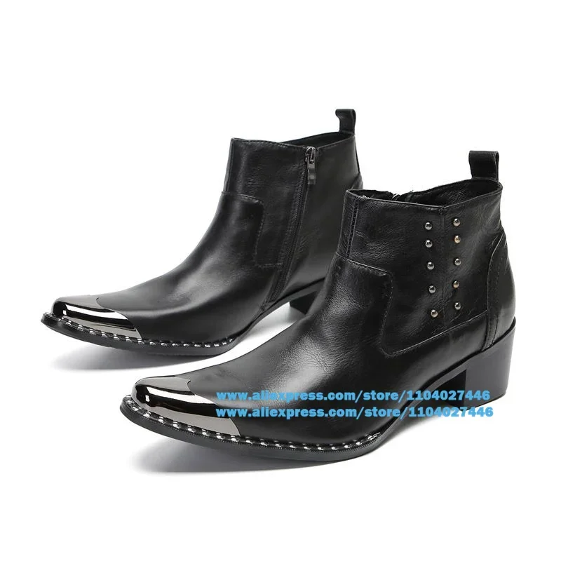 

Metallic Toe Solid Color Men's Boots Rivets Side Zipper Black Leather High-Top Boots British Luxury Handmade Trend Men Shoes