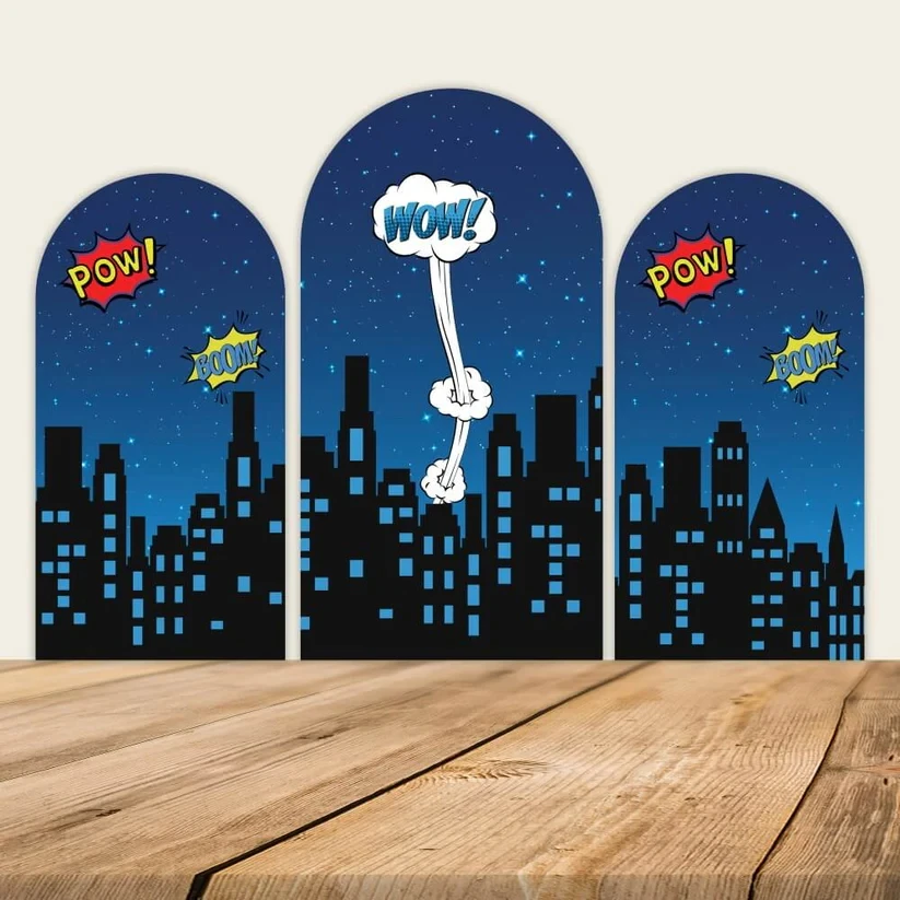 

LS Custom Super Hero Buildings Theme Kids Birthday Cover Arch Background Baby Shower Party Decor Backdrop Photo Doubleside