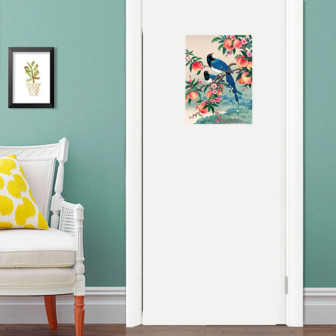 Three Ratels QHH105 Magpie Peach Tree Watercolor Art Wall Stickers for Home Decoration