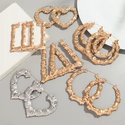 HipHop Gold Sliver Color Bamboo Round Hoop Earrings for Women Statement Big Circle Heart Star Geometric Earings Party Jewelry