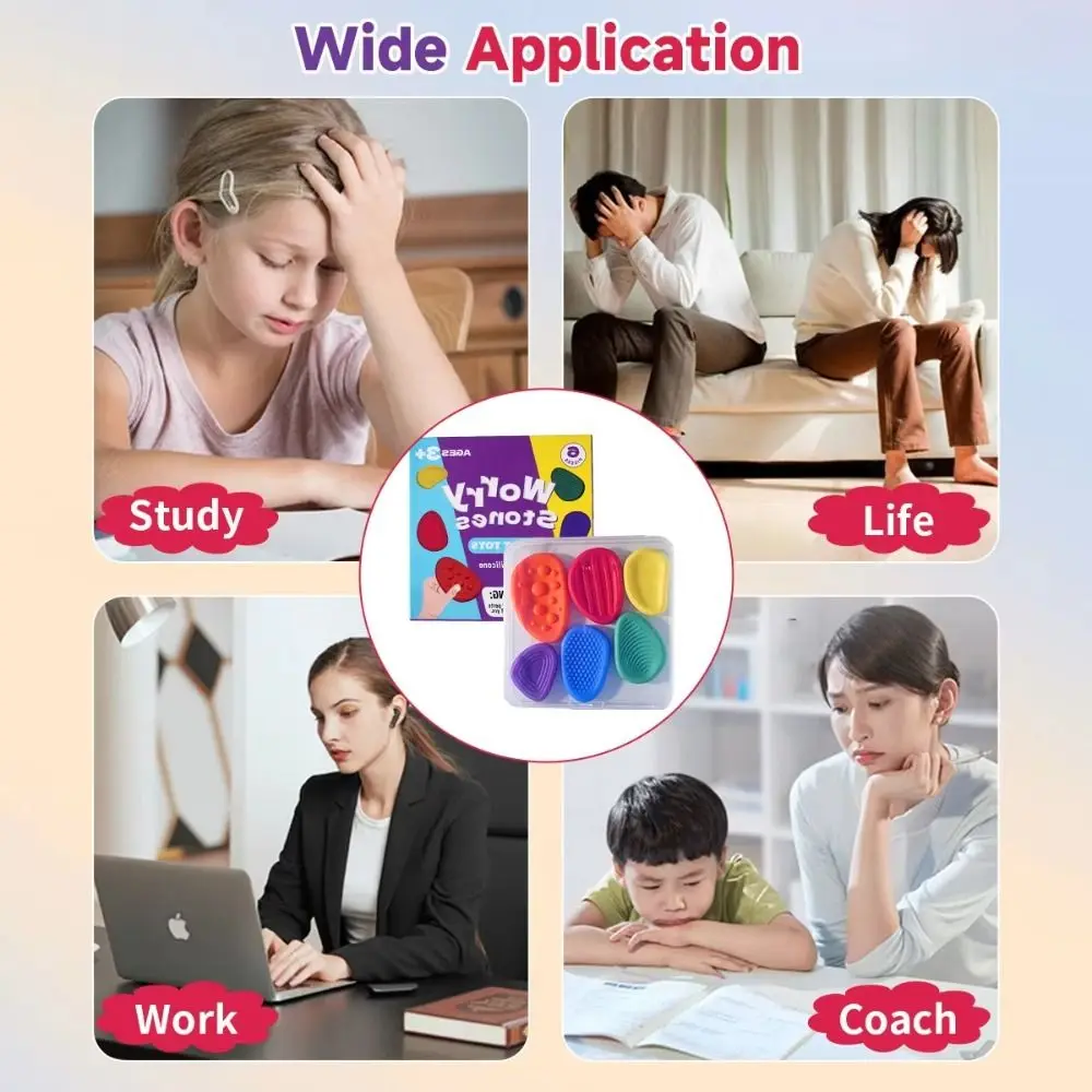 6pcs/set Textured Soft Worry Stone Fidget Toy Silicone Relaxing Children Sensory Stone No Noise Creative Textured Worry Rocks