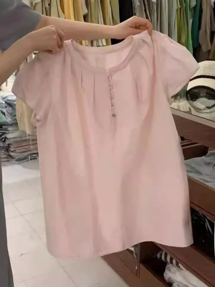 

Sweet Beautiful Pink Chiffon irt ort Sve Women's Faionable Summer New Sle High Quali Top Korean Sle Straight Cut