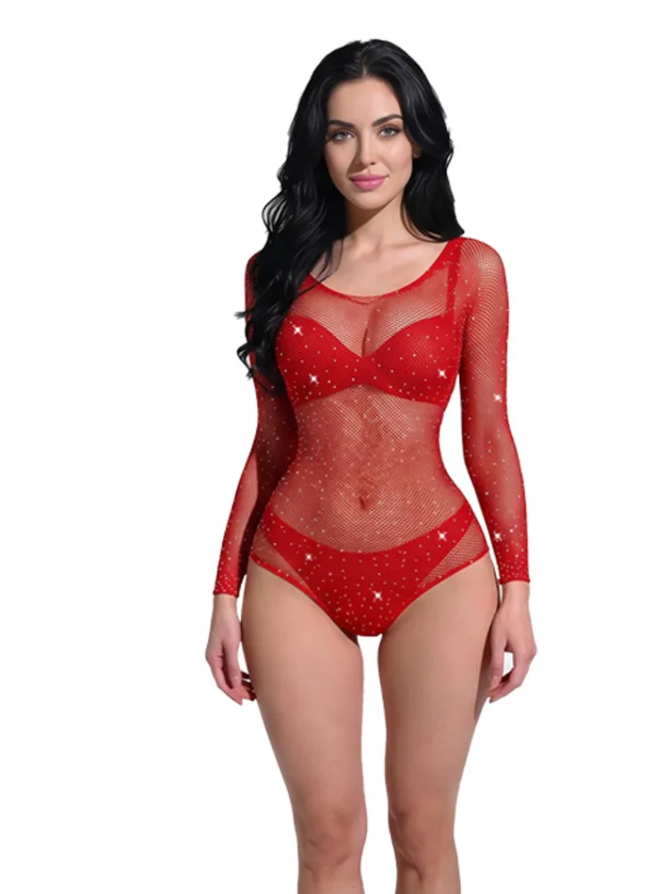 Women's Fishnet Lingerie Sexy Hollow Long Sleeve Tight Bodysuit  Plus‑Size Sparkle Sheer Mesh Bodysuit High‑elastic D7SG