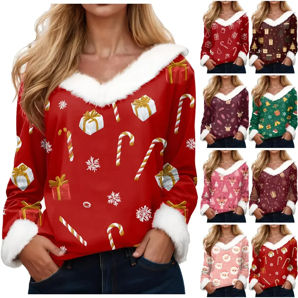 Merry Christmas Womens T Shirts Fleece Collar Long Sleeve Tunic Tops Fall Winter Holiday Print T-Shirt Xmas Festive Party Tops