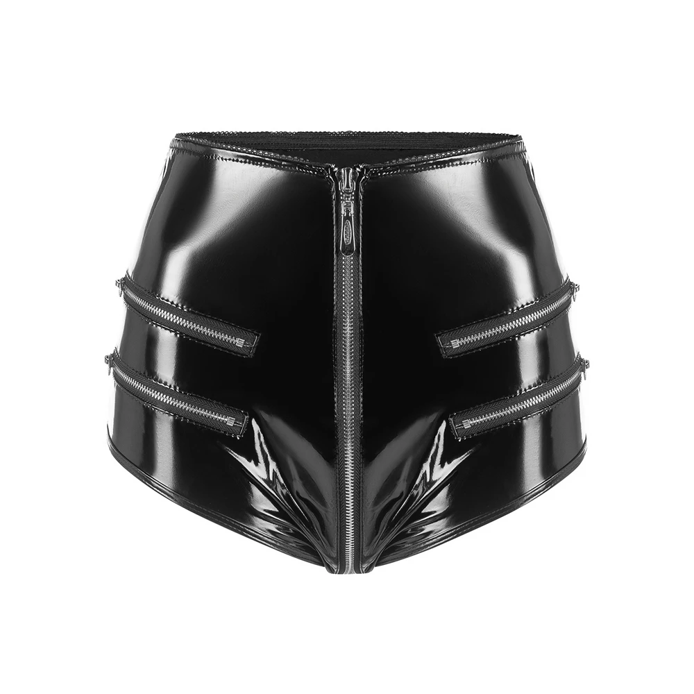 Black/Red Hot Girl Women's High Waist Shorts with Split Zipper Leather Hot Pants, Pole Dance Stage Performance Costume Shorts