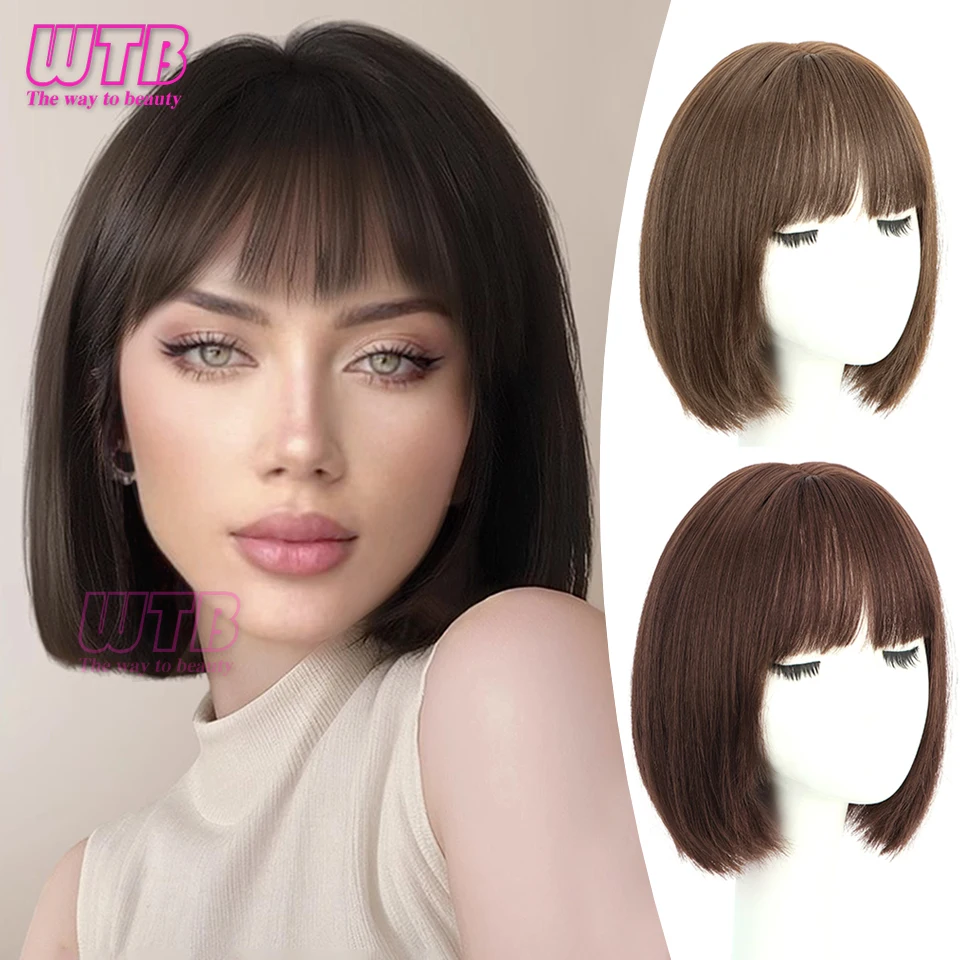 WTB Synthetic Short Straight Bob Hair Wig for Women Short Wigs with Bangs Heat Resistant Black/Brown Hair Cosplay Wig