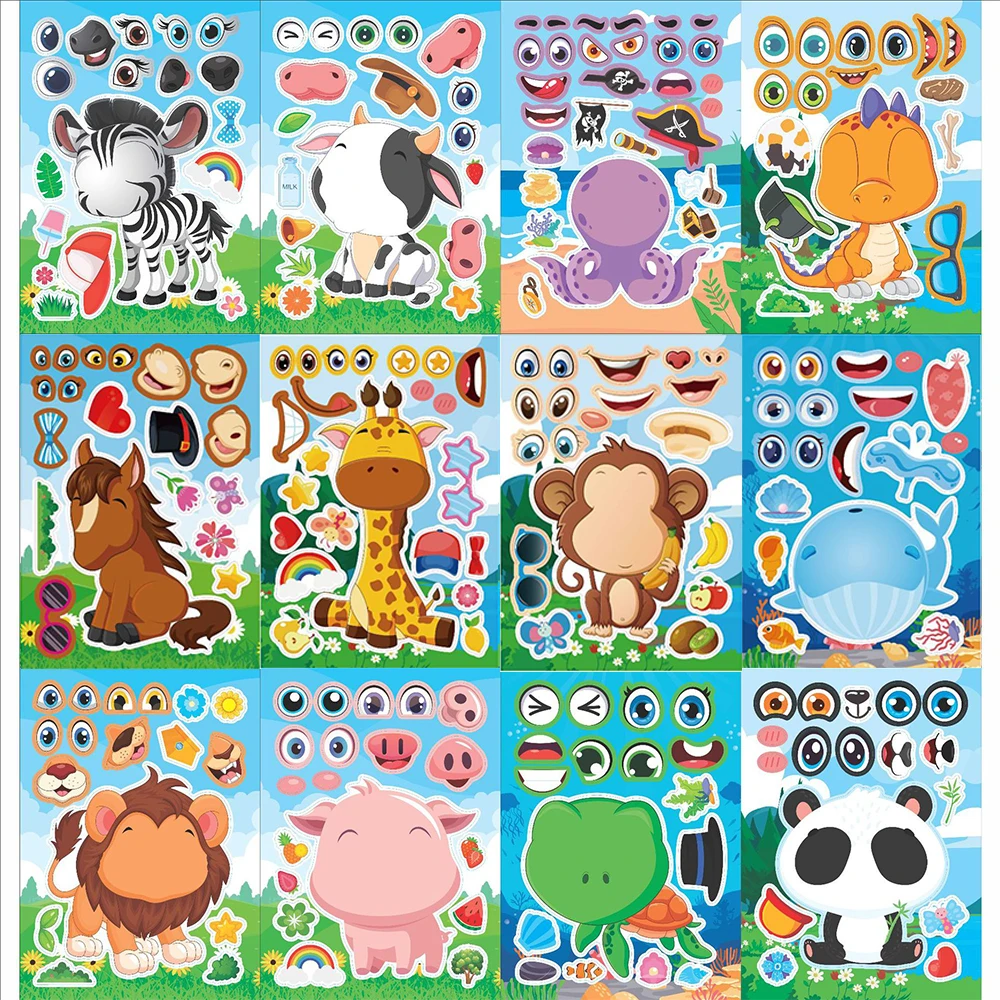 6/12Sheets Cute Animal Make a Face Puzzle Stickers Kawaii Cow Panda Cartoon Graffiti Decal Assemble Jigsaw Reward Sticker Toy