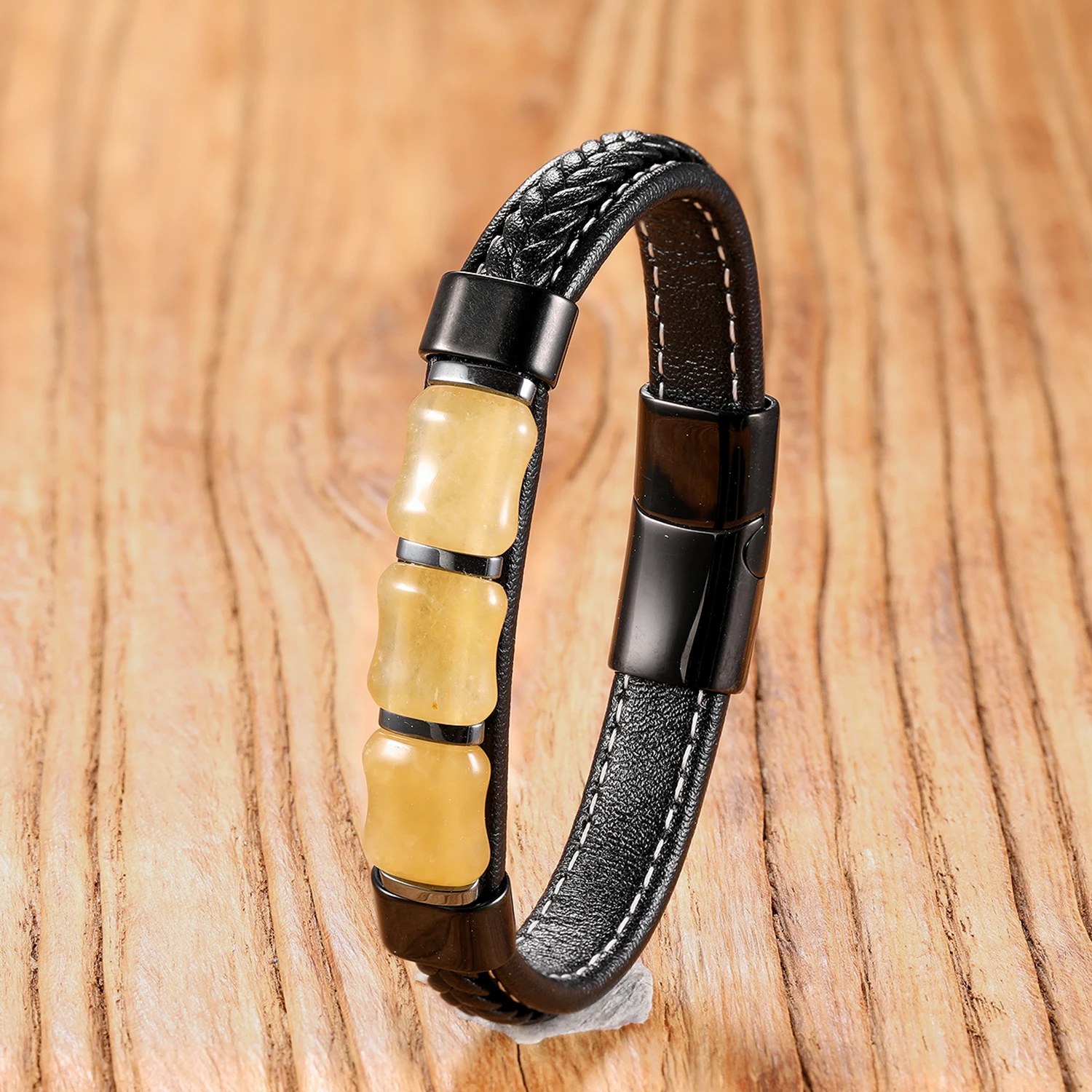 2025 Colorful Stone Bracelet with Leather Cord Bangles Stainless Steel Accessory Healing Energy, Boho Gift for Women