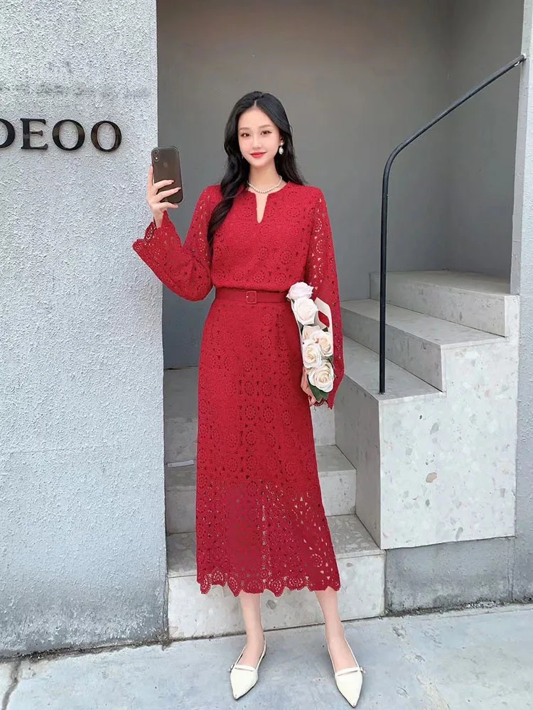 2024 New Spring Autumn Women Vintage Hook flower hollow Lace Skirt Suits Elegant Long Sleeve Top And Long Skirt Two Piece Set