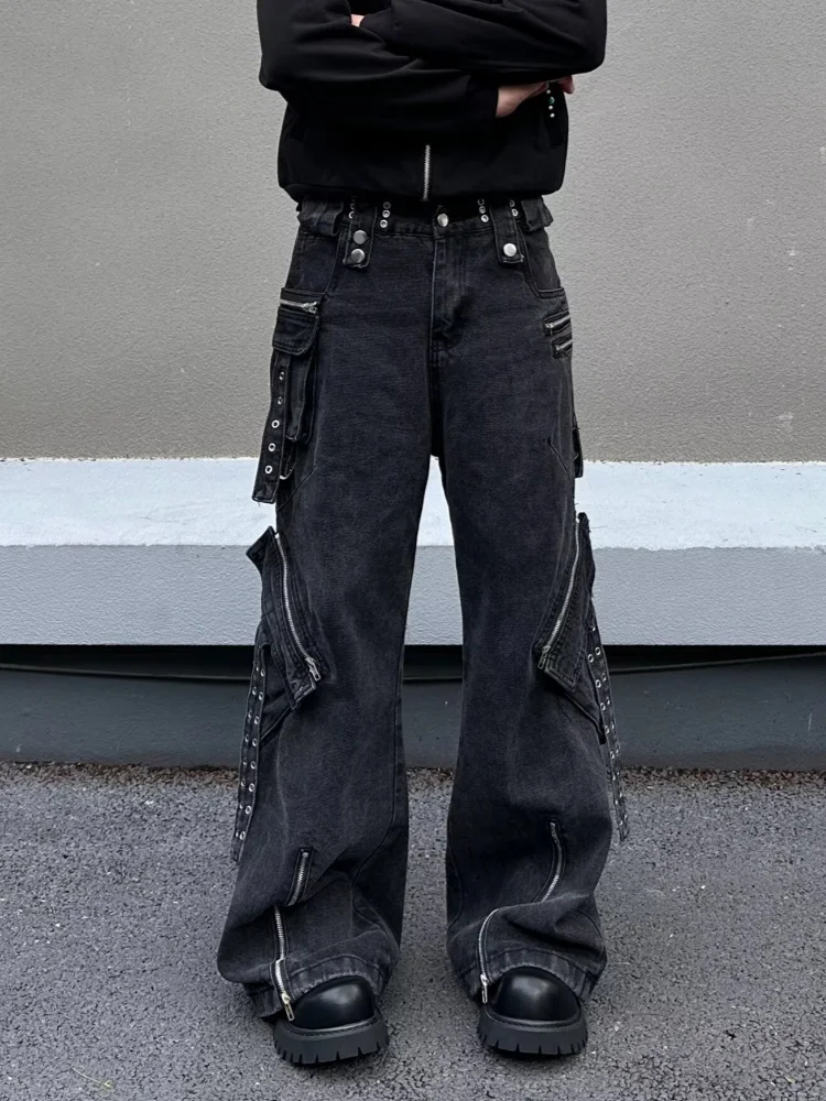 2025 Ropa Y2K الجرونج غسلها الأسود سستة تصميم فضفاض البضائع الجينز السراويل للرجال ملابس الشارع الشهير السراويل الطويلة Pantalon Hombre