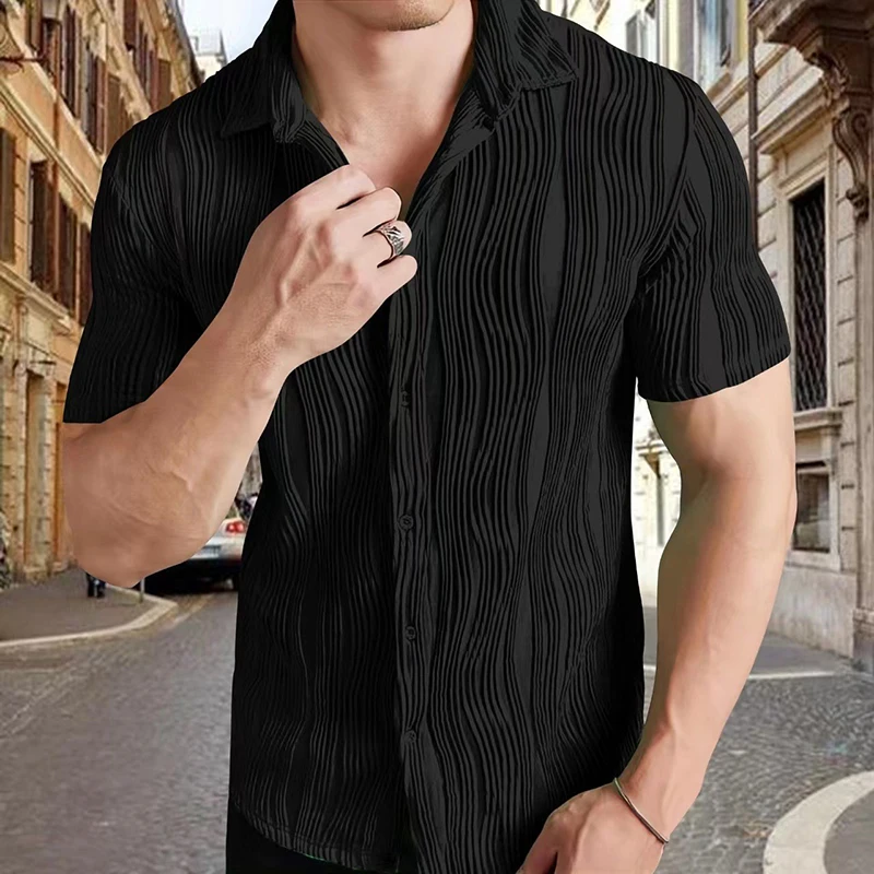 2024 Summer Streetwear Casual Shirts Men Loose Short Sleeve Button Knitting Shirt Vintage Mens Clothes Solid Color Texture Shirt