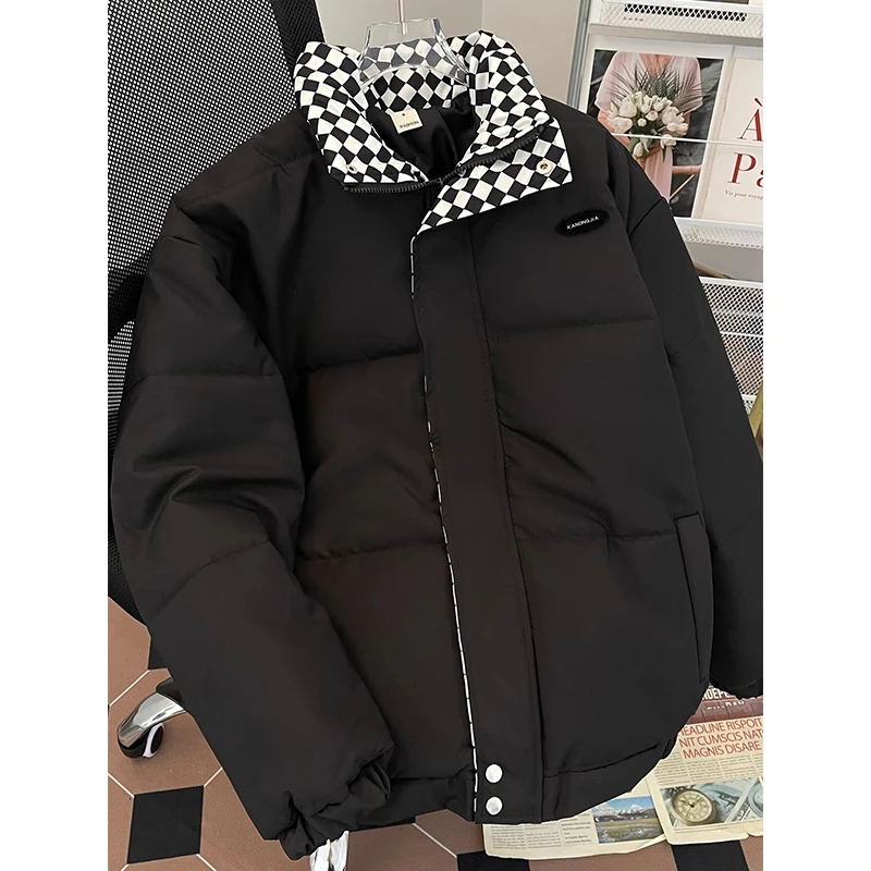 

Thiened Chboard Pattern Women's Cotton Jaet Loose Fit Retro Hong Kong Sle Bread Clothes Harajuku Design Trendy Cotto...