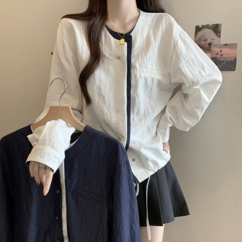 Women Jackets Solid Coats Casual Pocket Round Neck Long Sleeves Loose Fit Single Breasted Two Piece Illusion Top 2025 Autumn