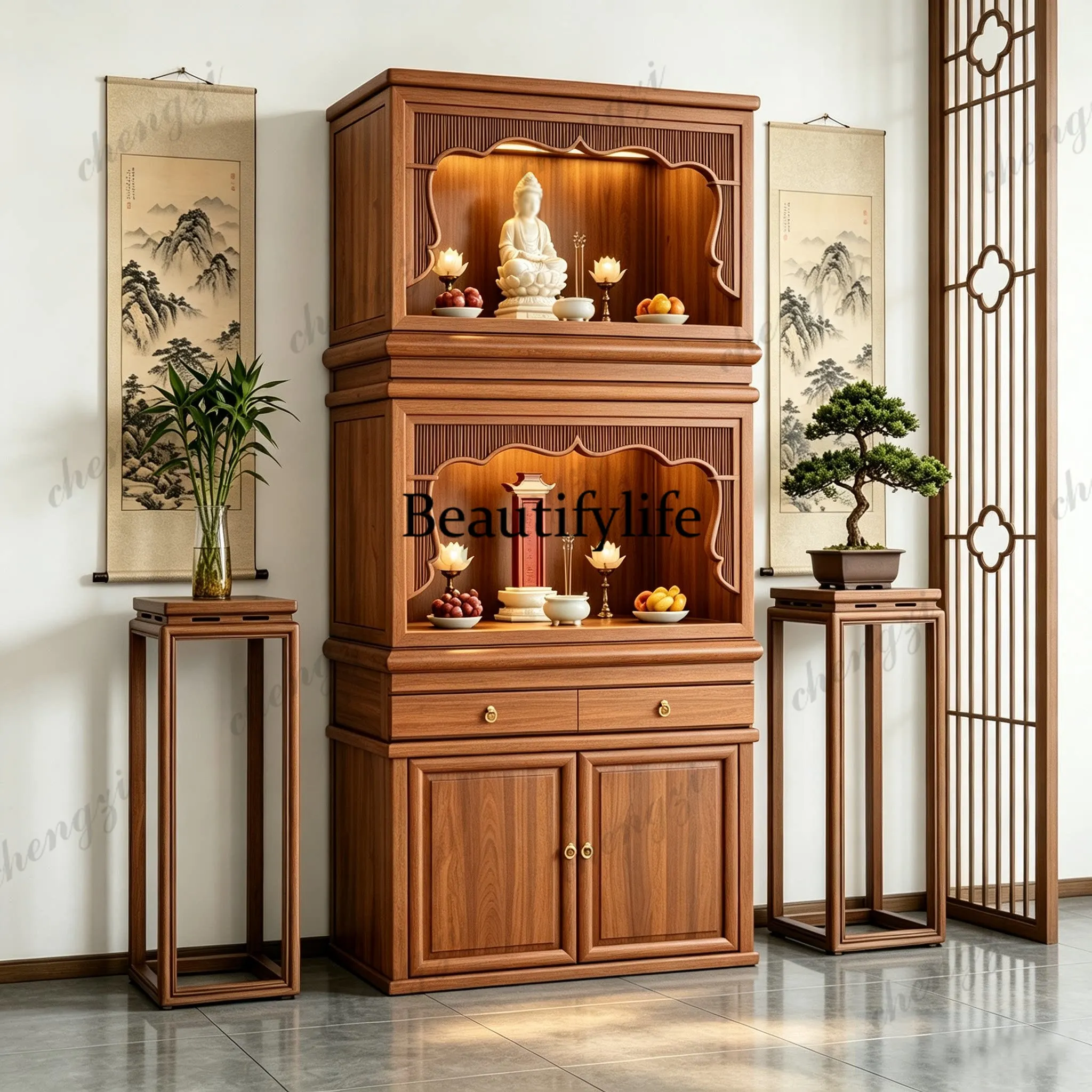 New Chinese-style Buddhist niche cabinet, household Song-style carvings, shrines dedicated to the ancestors of the God of Wealth