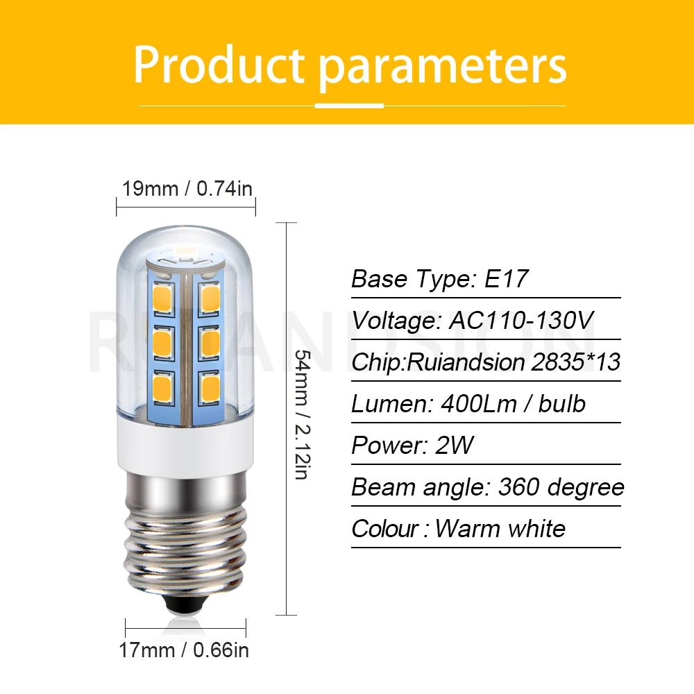 Ruiandsion E17 LED Bulb AC 110V-130V Warm White 2835 13SMD LED Clear Bulb for Refrigerator Freezer Ceiling Home Lighting Lamp 2W