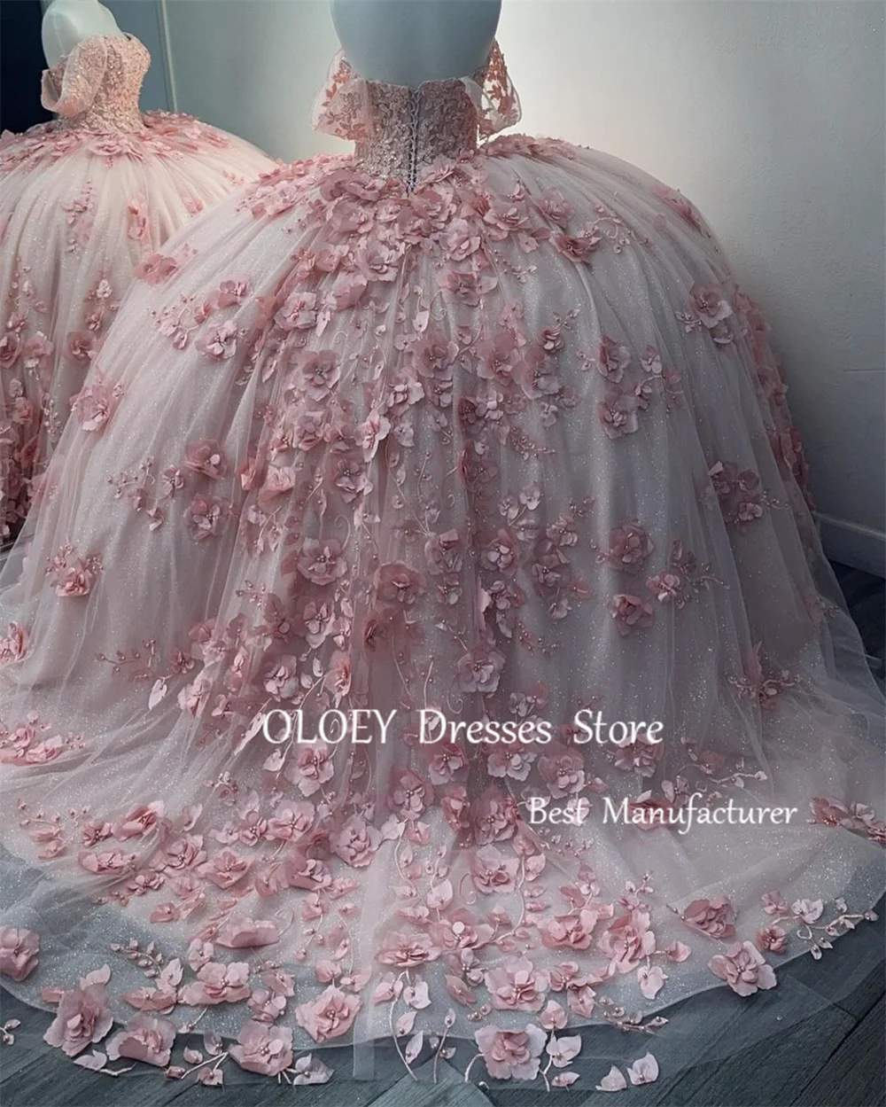 OLOEY Glitter Pink Quinceanera Dress Pearls Appliques Off Shoulder Wedding Dress Mexico 15 18 Ball Gown Beads Custom Corset