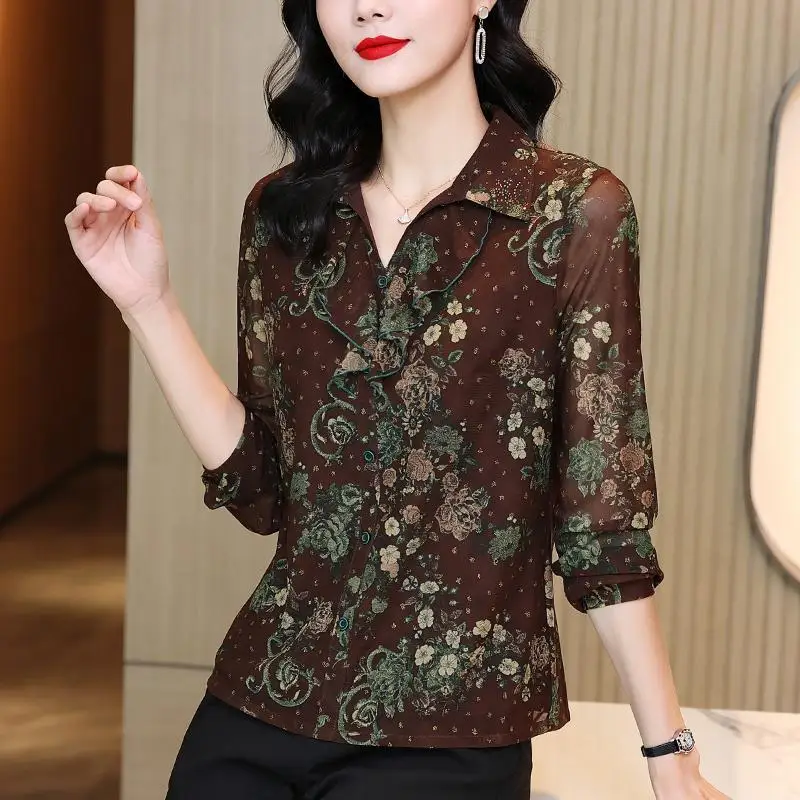 Retro Autumn Winter Women\'s 2024 New Patchwork V-neck Button Print Lace Gauze Fashion Slim Casual Long Sleeved Blouses Shirts