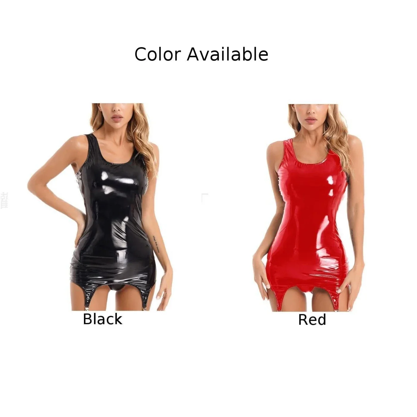 Women Sexy Wet Look Solid Color Patent Leather Bodysuit Sleeveless Tight Bodycon Short Dress Garters Night Club Temptation Wear