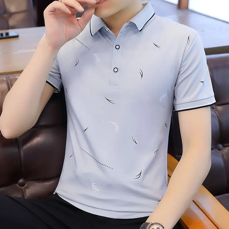 

Summer Men's Short-sleeved T-shirt Pure Cotton Trendy Neckline Printed Shirt Collar POLO Shirt Half-sleeved Thin Collar Top