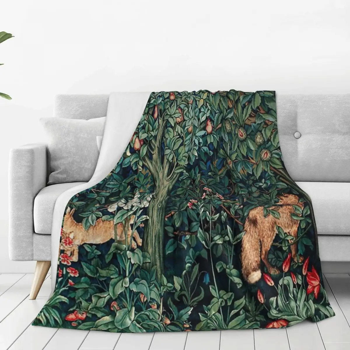 Forest Animals Fox And Hares Blue Green Floral Blanket Flannel Breathable Sofa Throw Blankets For Home Outdoor Throws Bedspread