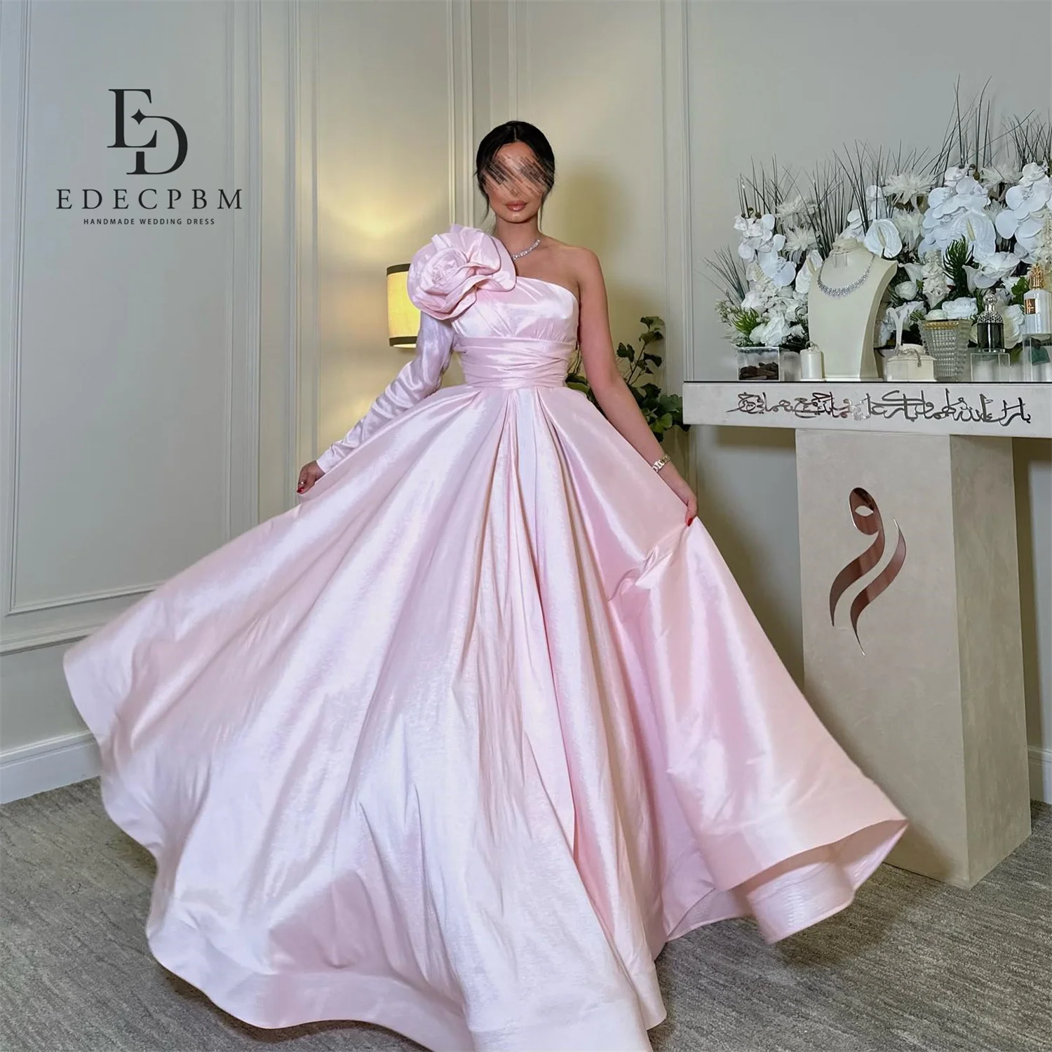 EDECPBM エレガントなパーティードレス 2025 イブニングドレス レディース プロムドレス ピンク サテン カスタムメイド ワンショルダー イブニングドレス