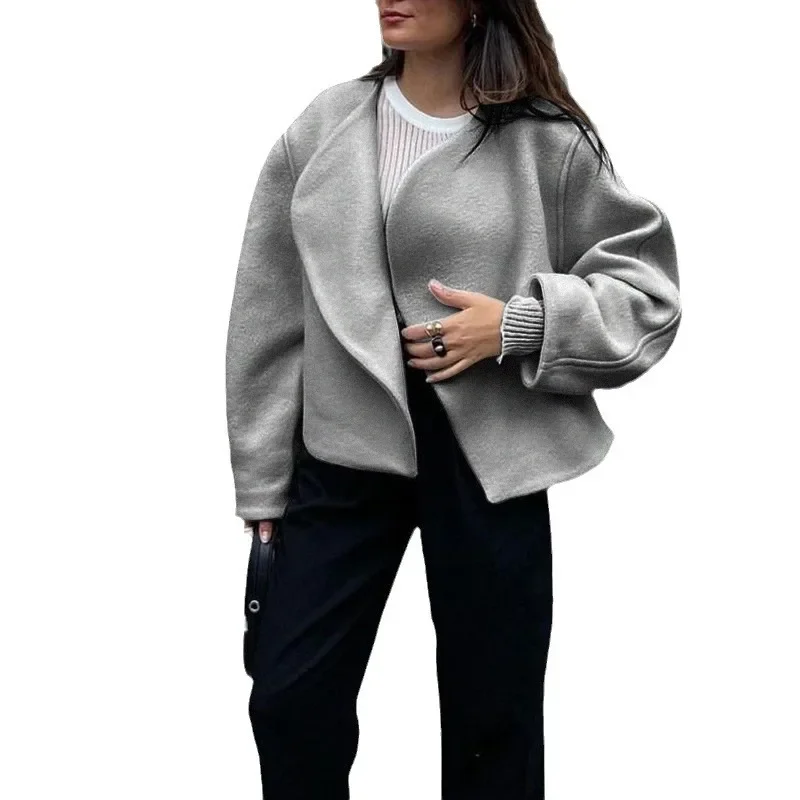 Women Casual Warm Wool Cropped Coat Fashion V-neck Long Sleeve Outerwear Autumn Winter Female High Street Short Cardigan Jacket