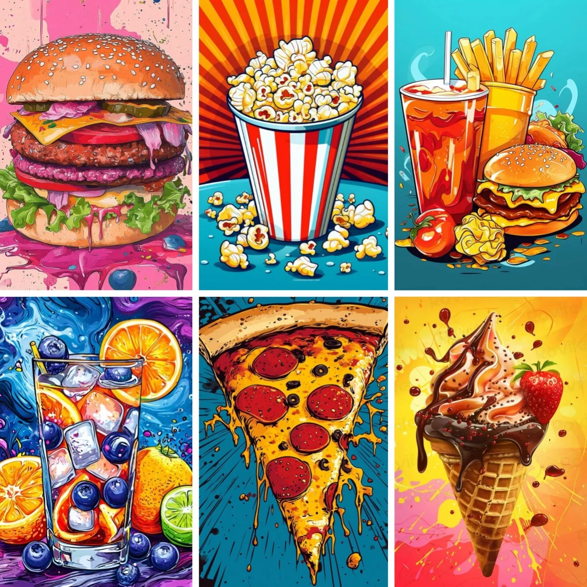 

DIY Diamond Painting Fast Food Popcorn Ice Cream Hamburger Fries Pizza Full Drill Diamond Art Wall Art for Restaurant or Kitchen