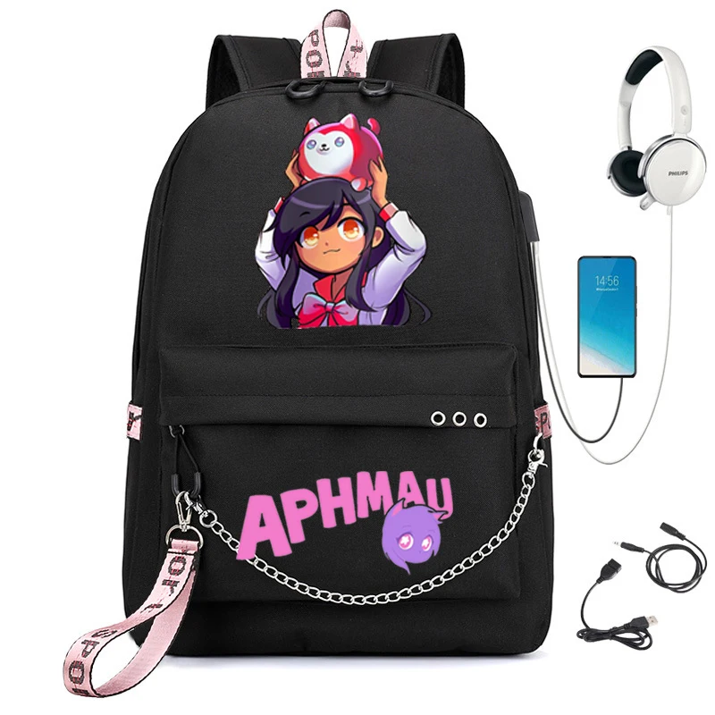 Aphmau anime feminino estudante saco de escola mochila portátil das mulheres mochila escolar usb