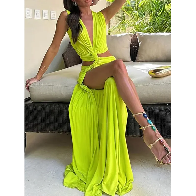 CGS-Damenkleid, hohles langes Kleid, hohles Twist-Schlitzsaum, tiefer V-Ausschnitt, enges, unregelmäßiges Kleid